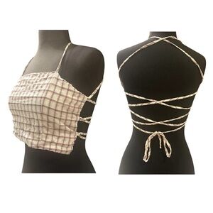 Purple and White Plaid Halter Top with String Back